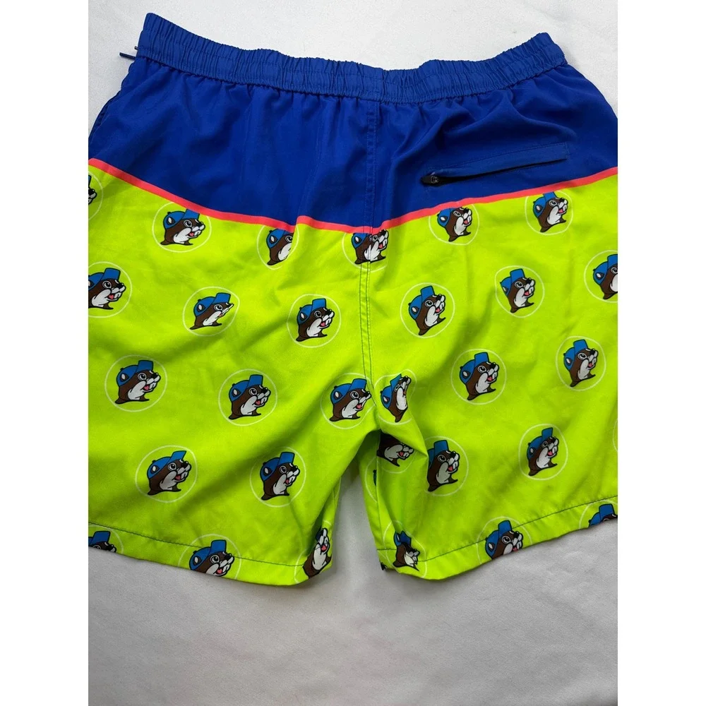Buc-ees Mens 2X Swim Trunks Blue Lime Green Beaver Mascot Board Shorts Texas 2XL